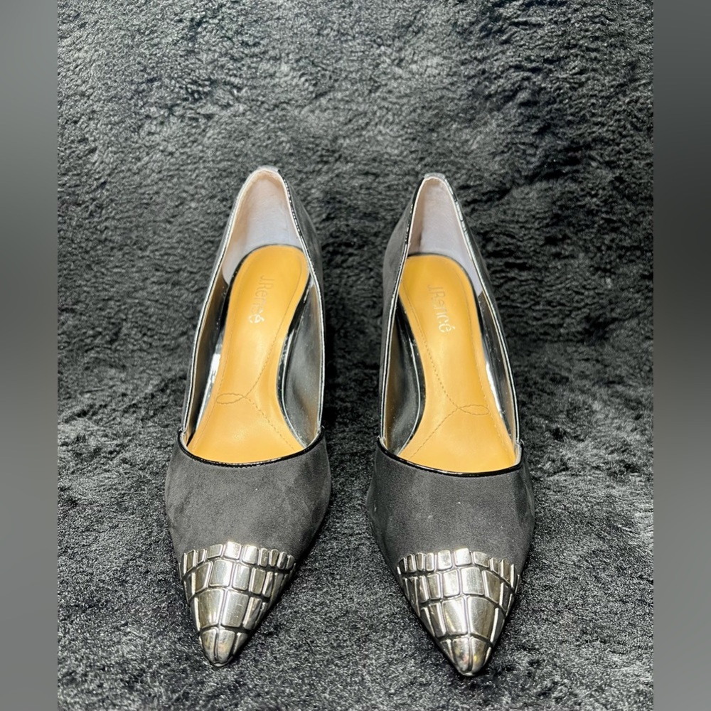 Black Suede J.Renee Pumps with silver crocodile detail